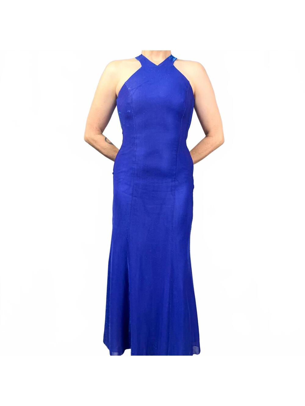 Vintage Formal Gown | 90's Metallic Blue Maxi Dress with Halter Neck